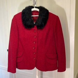 Vintage Red Wool Jacket with Black Fur Collar